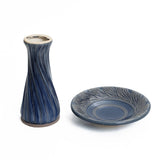 Blue ceramic birdbath with leaves and swirl pattern - LuxenHome