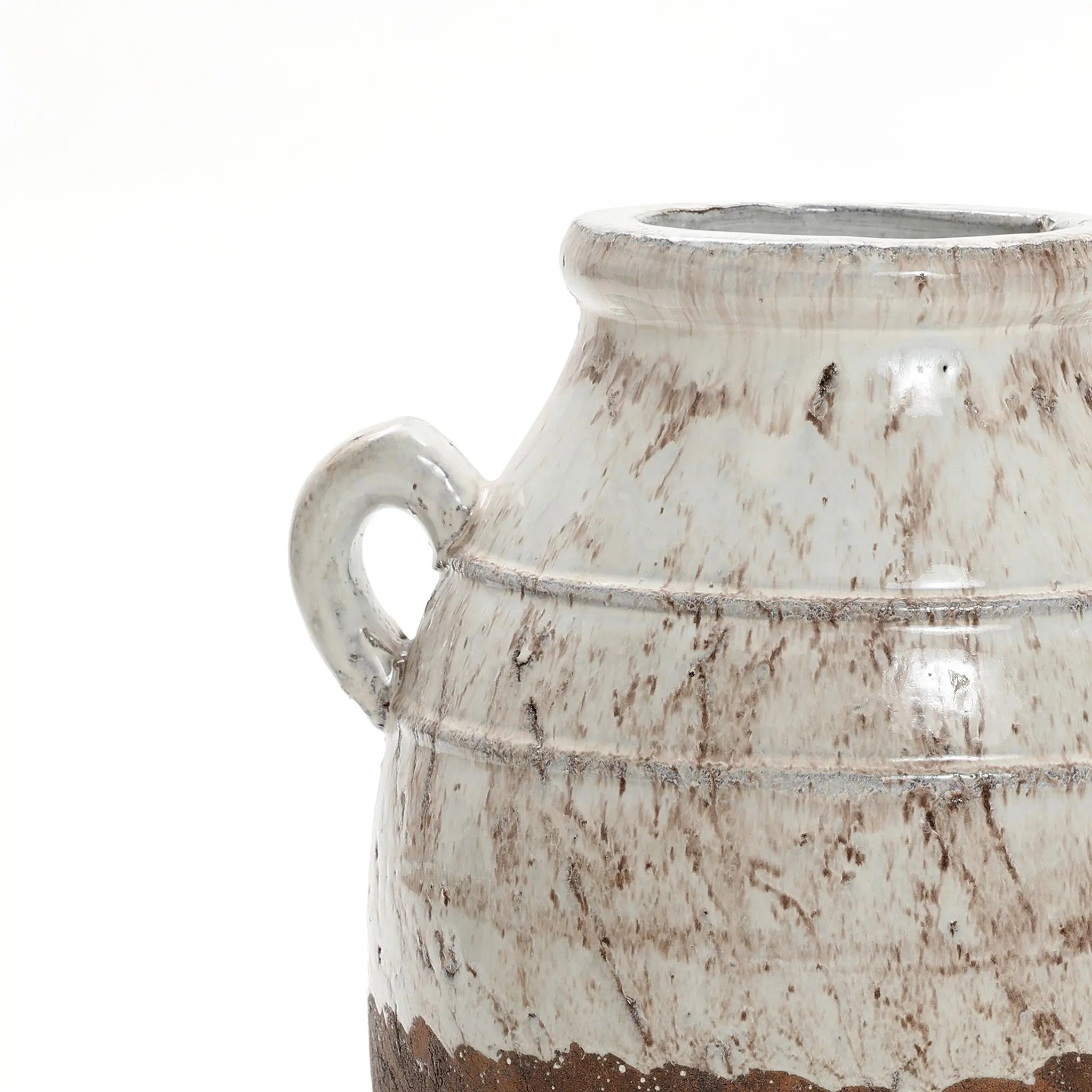 Close-up of a Rustic cream and brown terracotta urn vase with handles by LuxenHome, set against a light speckled background. Its round body and narrow neck highlight its artisanal craftsmanship and rustic elegance.