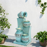 Light blue 4-tier ornate jugs polyresin outdoor water fountain with lights - LuxenHome