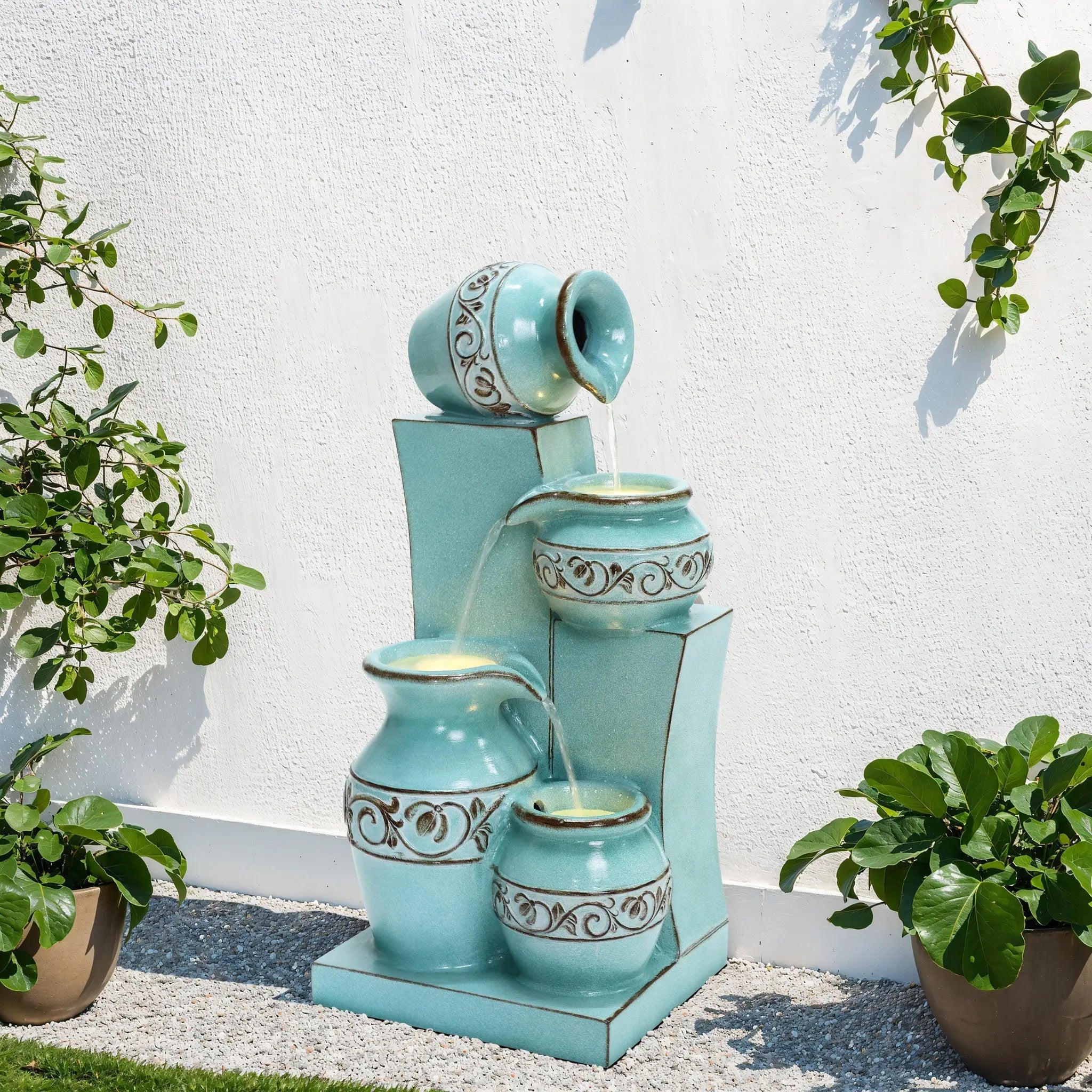 Light blue 4-tier ornate jugs polyresin outdoor water fountain with lights - LuxenHome