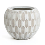 LuxenHomes White and Beige Geometric Patterned Round Planter, standing 11.81 high, features a durable MgO and fiberglass construction with vertical ridges that form a repeating hexagonal design in neutral tones.