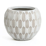 LuxenHomes White and Beige Geometric Patterned Round Planter, standing 11.81 high, features a durable MgO and fiberglass construction with vertical ridges that form a repeating hexagonal design in neutral tones.