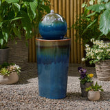 Glazed Blue and Brown Duo-Tone Sphere on Round Pillar Bubbler Ceramic Water Fountain - LuxenHome