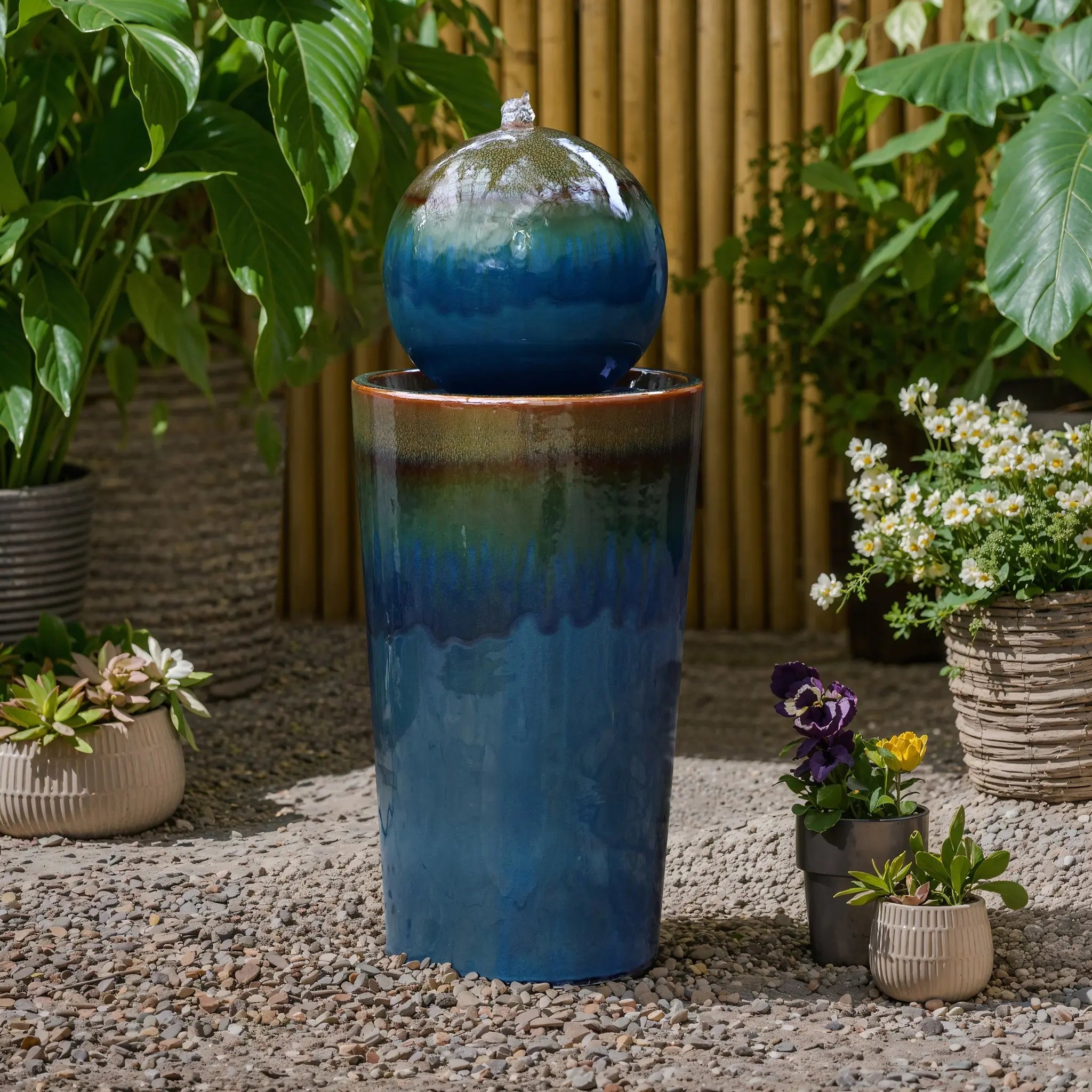 Glazed Blue and Brown Duo-Tone Sphere on Round Pillar Bubbler Ceramic Water Fountain - LuxenHome