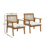 These Outdoor Acacia Armchairs with rope back design boast cream cushions for comfort. Dimensions are 29.5 tall, 25.2 wide, and 24.41 deep; cushion thickness is 2.36. Crafted from FSC-certified wood, they combine sustainability with style seamlessly.