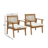 These Outdoor Acacia Armchairs with rope back design boast cream cushions for comfort. Dimensions are 29.5 tall, 25.2 wide, and 24.41 deep; cushion thickness is 2.36. Crafted from FSC-certified wood, they combine sustainability with style seamlessly.