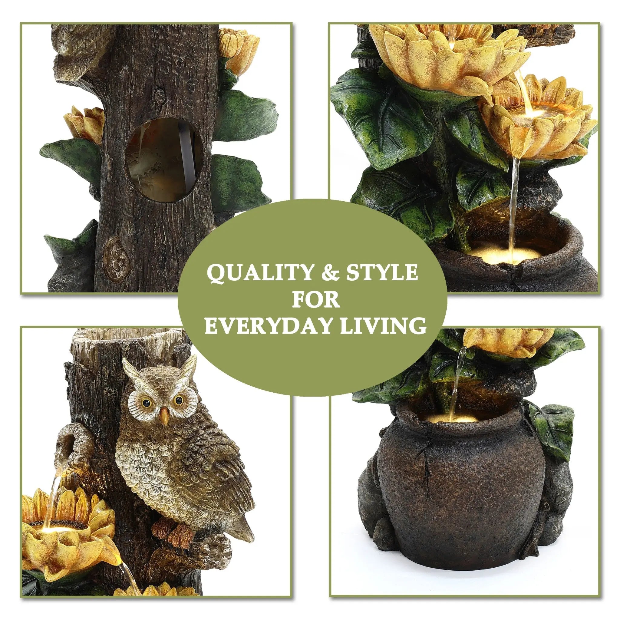 Sunflower and Owl Polyresin Outdoor Water Fountain with Lights - LuxenHome