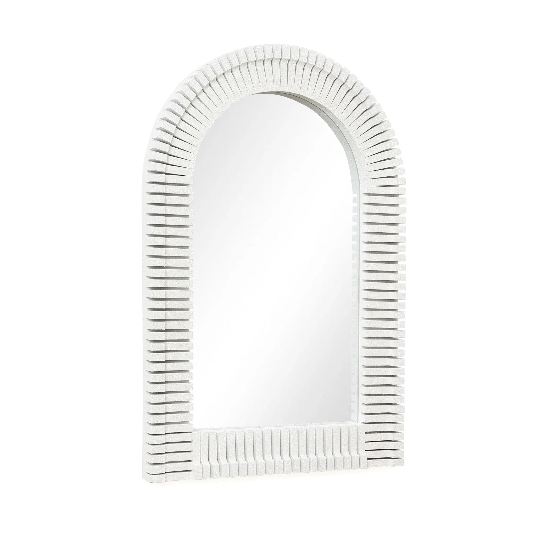A white arched wall mirror with a ridged frame, featuring a pattern of evenly spaced indentations, perfect for stylish home decor.