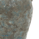 Antiqued blue & brown terracotta vase with handles, 12" tall farmhouse vintage pottery