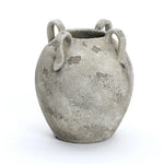 The LuxenHome rustic gray and white terracotta vase stands 11 high, showcasing contemporary elegance with a textured surface, round body, and four handles near the rim.