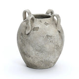 The LuxenHome rustic gray and white terracotta vase stands 11 high, showcasing contemporary elegance with a textured surface, round body, and four handles near the rim.