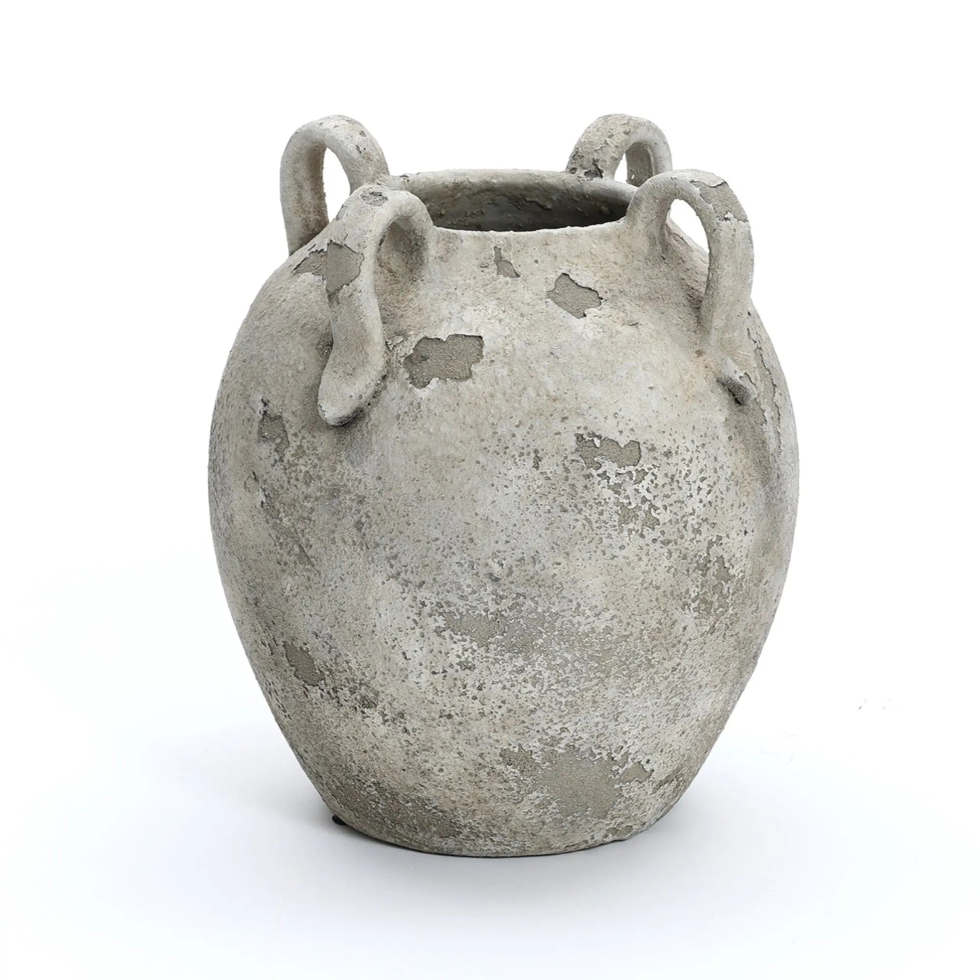 The LuxenHome rustic gray and white terracotta vase stands 11 high, showcasing contemporary elegance with a textured surface, round body, and four handles near the rim.