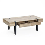 Modern oak coffee table with black legs and open drawers enhances any room.