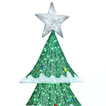 A green decorative Christmas tree with snow-like accents and vibrant LED lights, topped with a silver star, perfect for holiday decor.