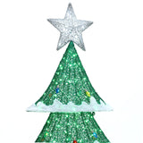 A green decorative Christmas tree with snow-like accents and vibrant LED lights, topped with a silver star, perfect for holiday decor.