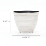 A white contemporary planter with thin horizontal lines, crafted from durable plastic construction. It measures 11.42 inches in height and 14.57 inches in diameter, making it a sleek and stylish addition to any space.