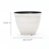 A white contemporary planter with thin horizontal lines, crafted from durable plastic construction. It measures 11.42 inches in height and 14.57 inches in diameter, making it a sleek and stylish addition to any space.