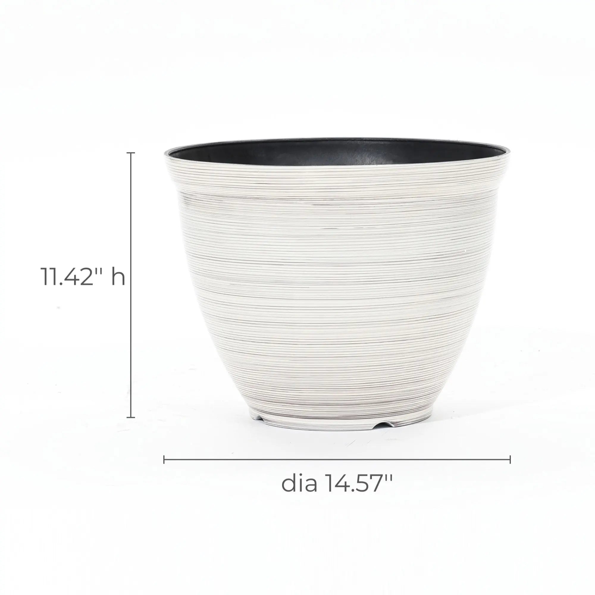 A white contemporary planter with thin horizontal lines, crafted from durable plastic construction. It measures 11.42 inches in height and 14.57 inches in diameter, making it a sleek and stylish addition to any space.