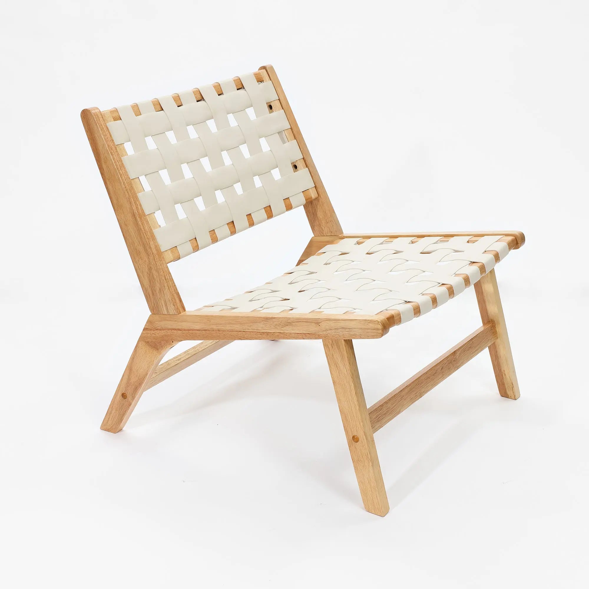 A wooden accent chair with solid wood frames featuring a woven white leather seat and backrest.