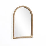 This decorative hanging mirror features an arched rectangular design with a rattan frame, beautifully reflecting a blank white background.