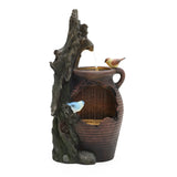 Rain barrel with tree and birds polyresin outdoor water fountains with light - LuxenHome