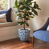 In an inviting indoor corner, a fiddle leaf fig thrives in a modern planter crafted from durable MgO material. The decorative blue and white pot sits gracefully on the wooden floor beside a blue cushioned chair and a window bench adorned with striped cushions.