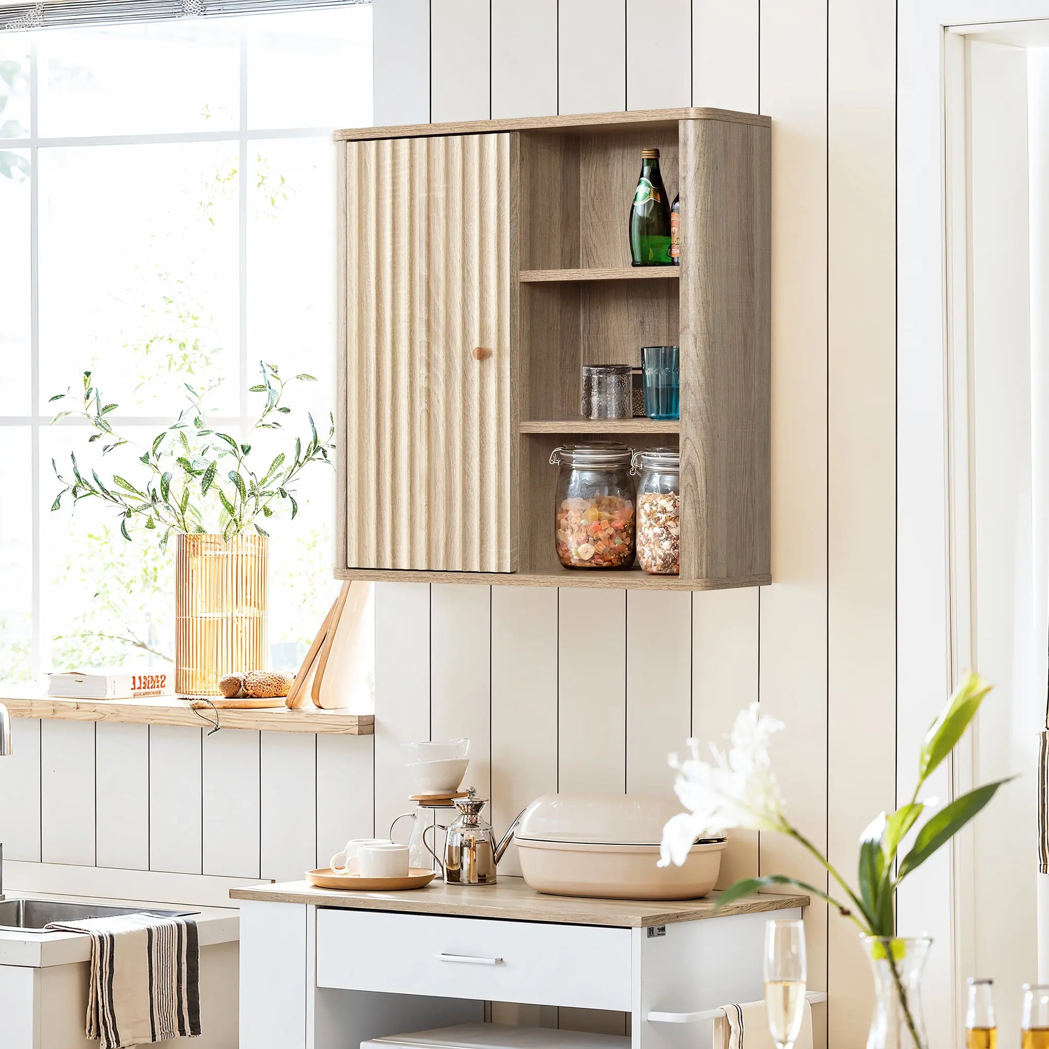 Priya natural finish wave wall cabinet - LuxenHome