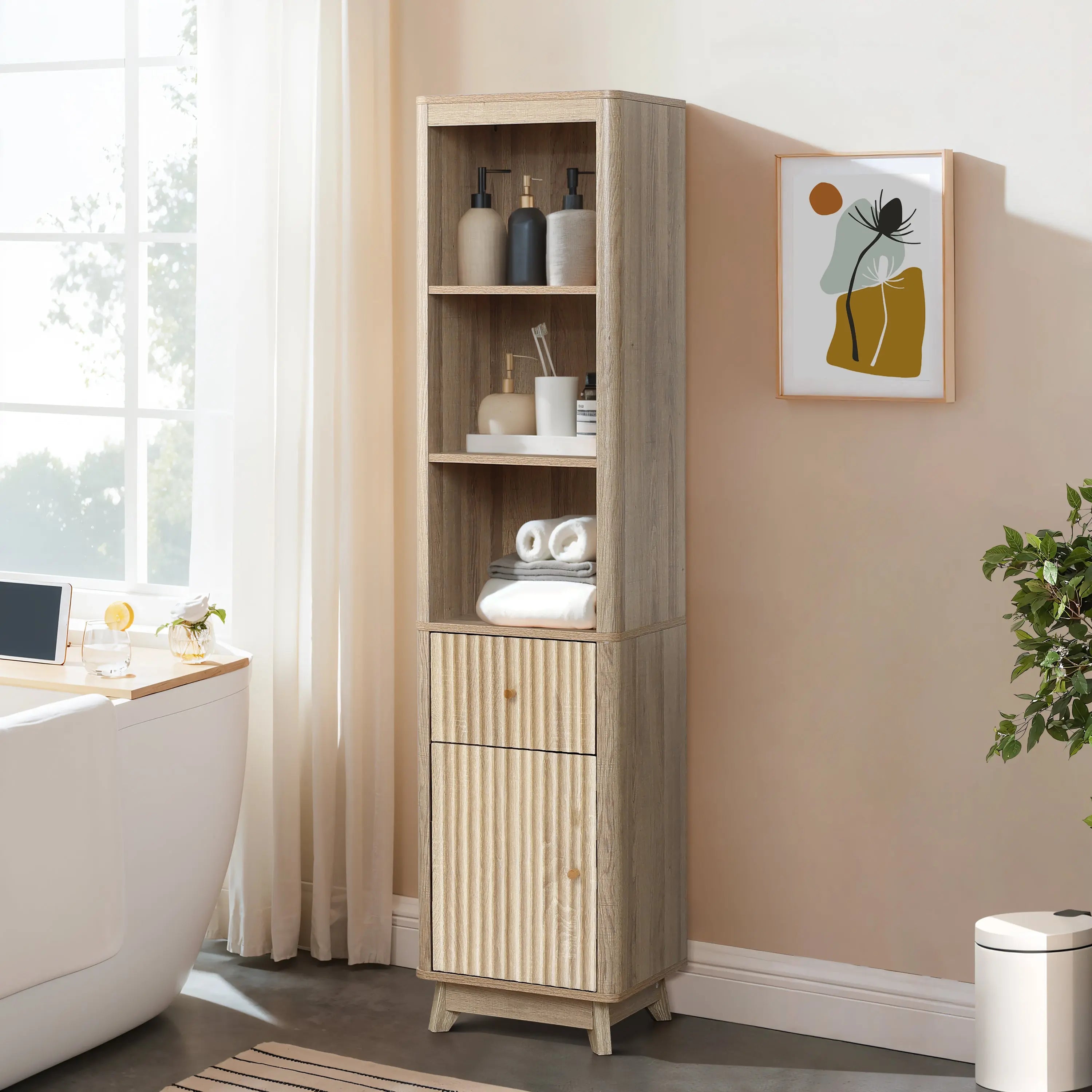 Priya natural finish wave linen cabinet - LuxenHome
