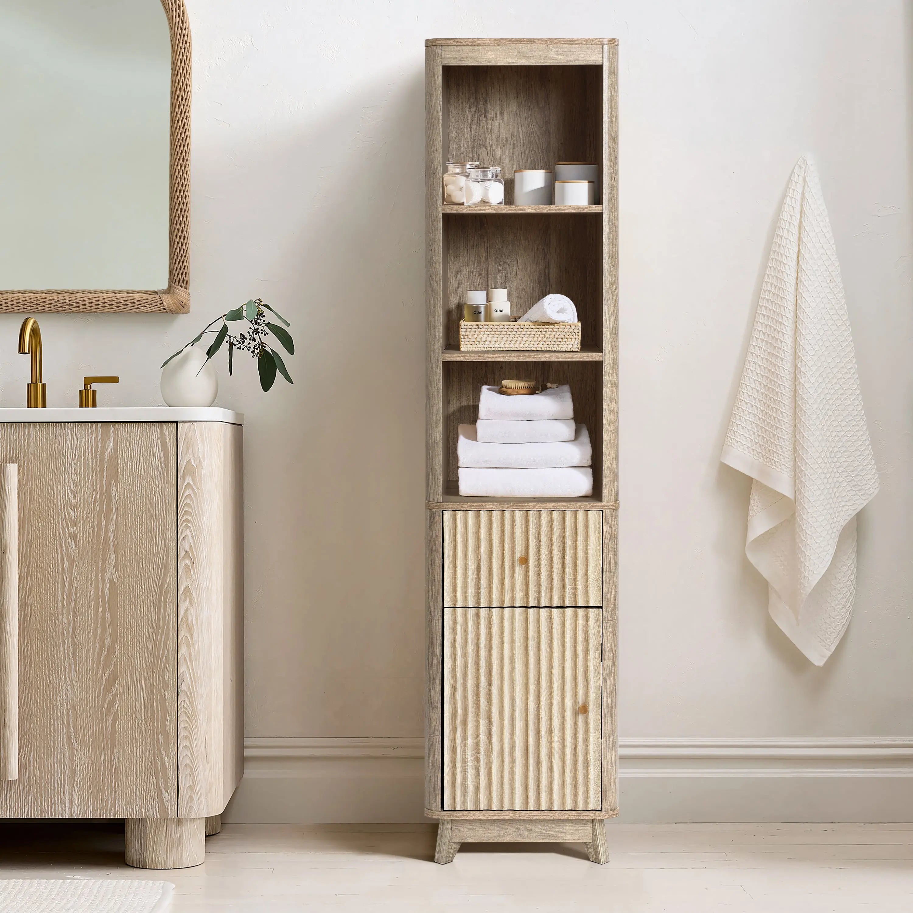 Priya natural finish wave linen cabinet - LuxenHome