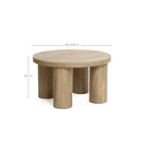 Round contemporary design coffee table with a diameter of 27.6 inches and a height of 15.7 inches, featuring an oak-finish and four cylindrical legs.