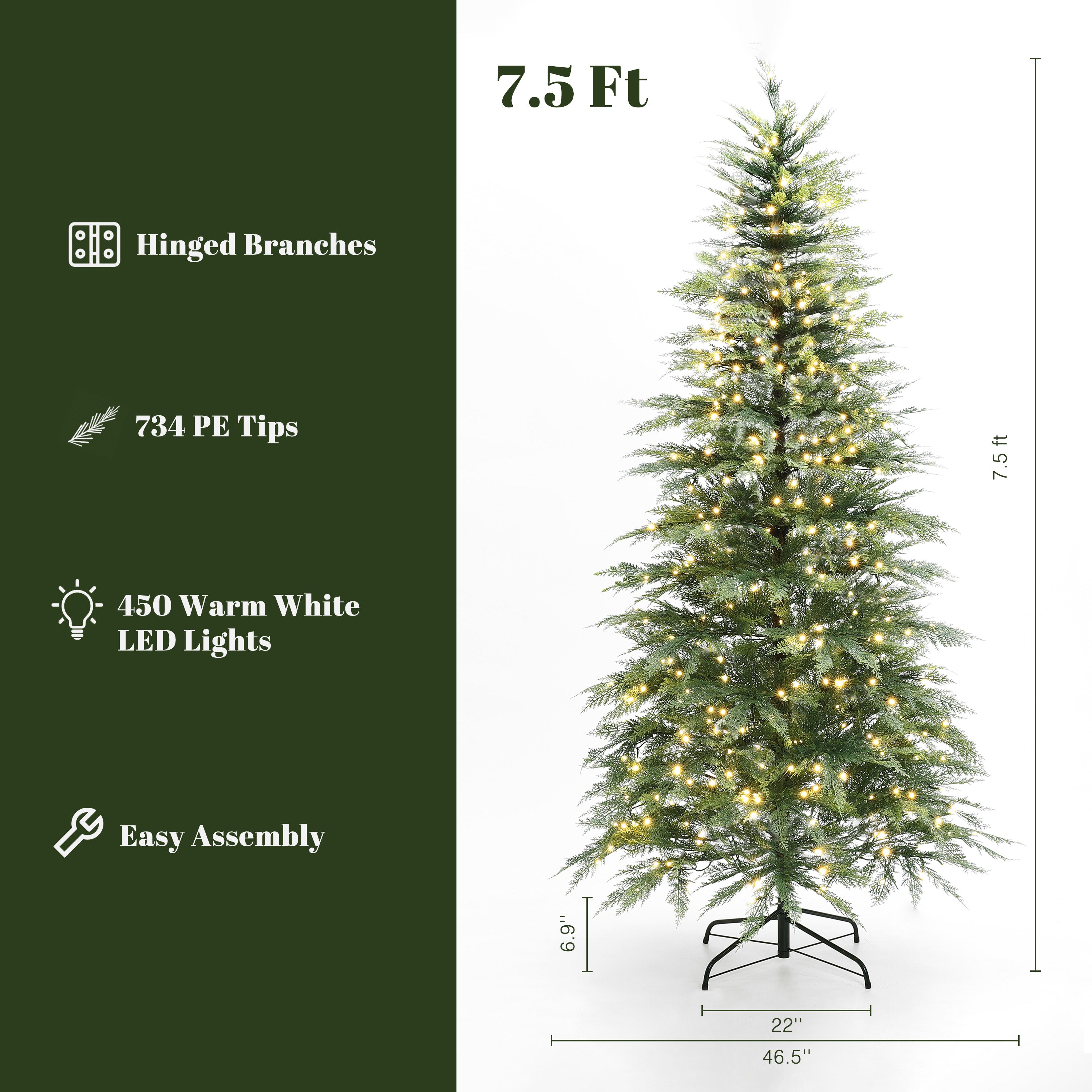 7.5Ft Pre-Lit Green Cypress Artificial Christmas Tree with Metal Stand - LuxenHome