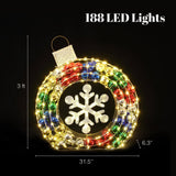 Introducing a vibrant LED Christmas wreath, perfect as a holiday decoration, featuring a stunning snowflake center. Measuring 3 ft in height, 31.5 in width, and 6.3 in depth, this dazzling piece will elevate your festive display with its enchanting outdoor lights.