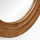 Close-up of a round rubberwood framed mirror with a smooth, polished finish on a white background showcasing its elegant design and non-slip back mounting.