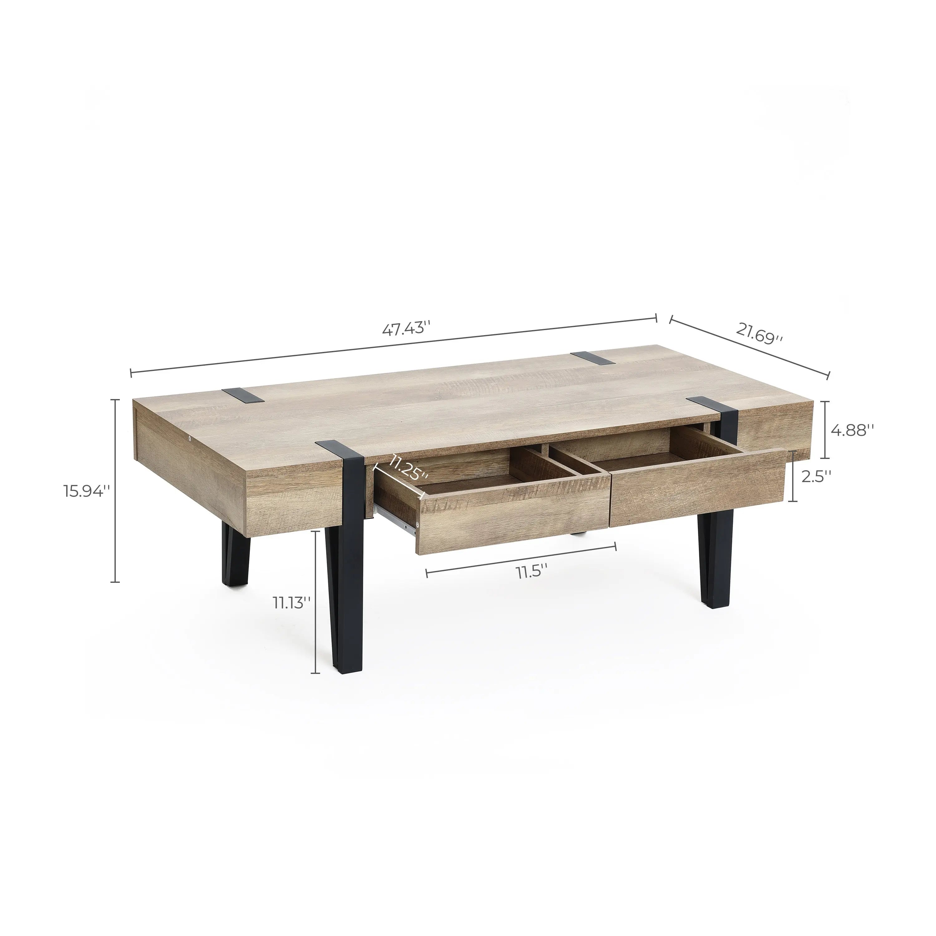 Rectangular modern oak-finished farmhouse coffee table with black legs and drawers.