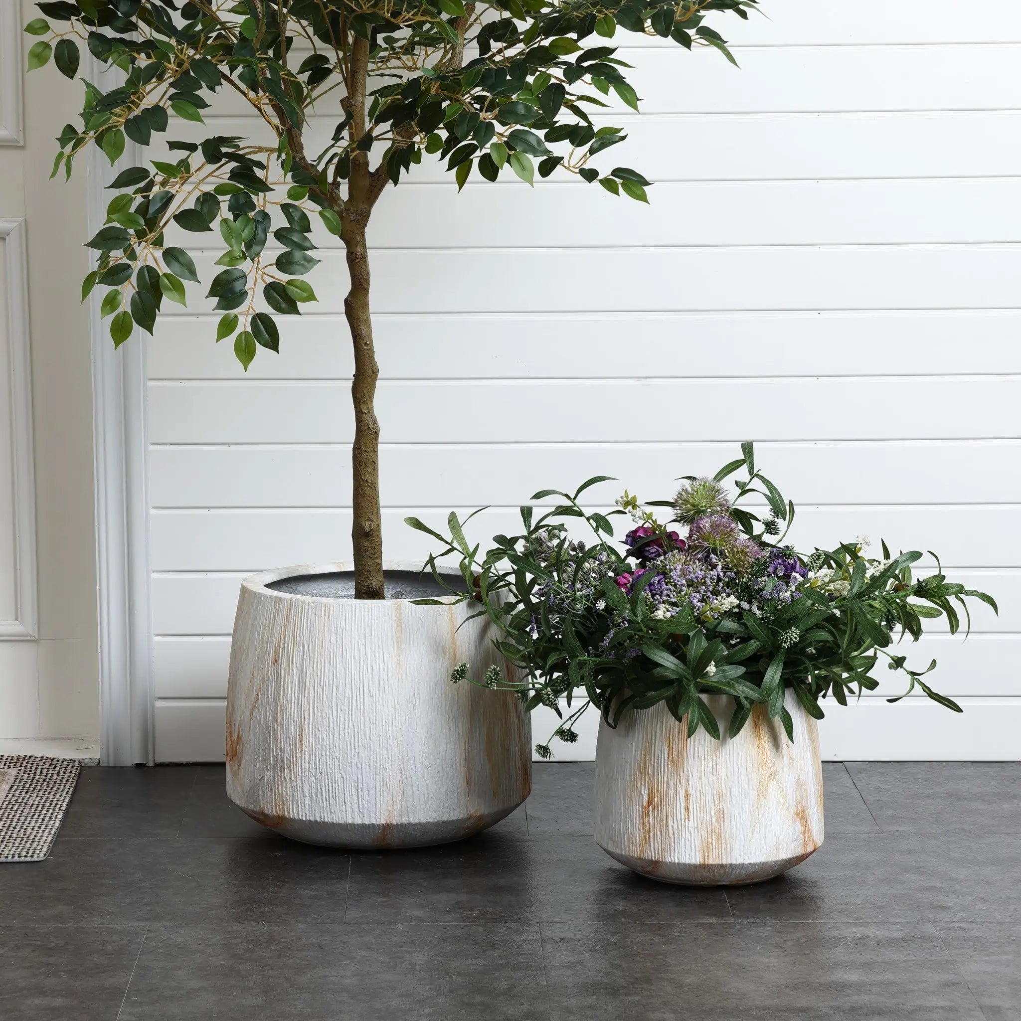 Against a white paneled wall, two white-washed MgO planters rest on a dark floor—one cradles a small tree, while the other showcases assorted purple and green plants. Versatile for both indoor and outdoor spaces, this set blends style with function effortlessly.