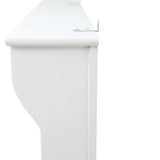Side view of a white metal shelf with a bracket attached to the right side, ideal for pairing with a hall tree or storage bench for added organization.