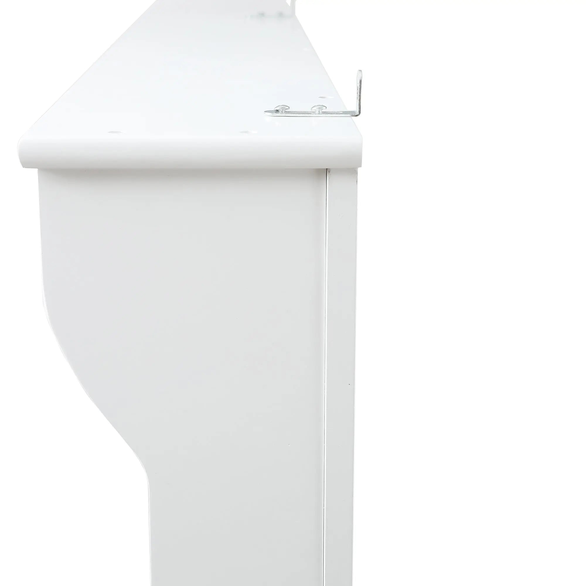 Side view of a white metal shelf with a bracket attached to the right side, ideal for pairing with a hall tree or storage bench for added organization.