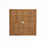 This wooden vent cover, crafted from FSC-certified acacia wood, boasts a grid-like slatted design with a central circular hole. The sections, divided with parallel slats in alternating orientations, echo the style of an outdoor acacia wood dining table.