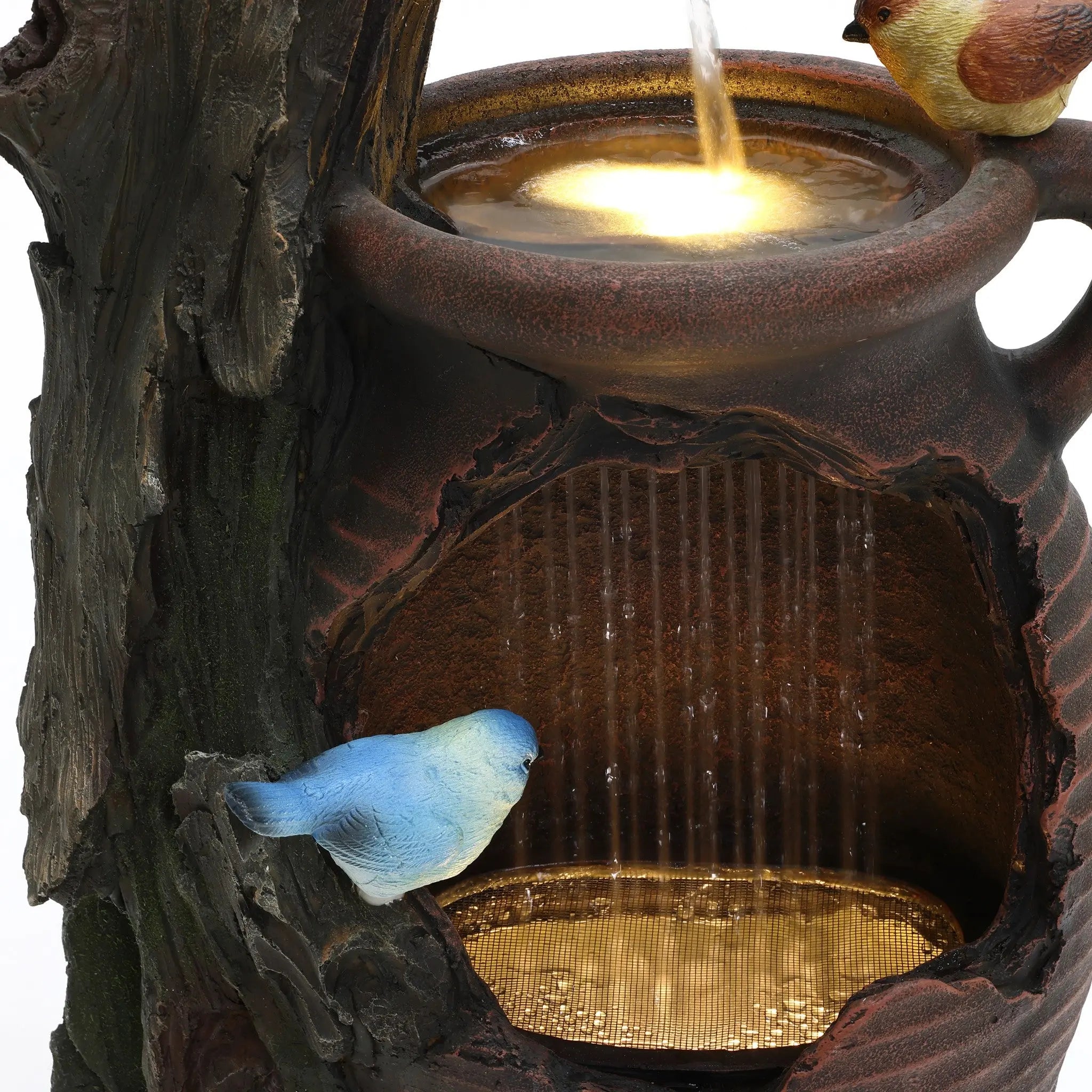 Rain barrel with tree and birds polyresin outdoor water fountains with light - LuxenHome