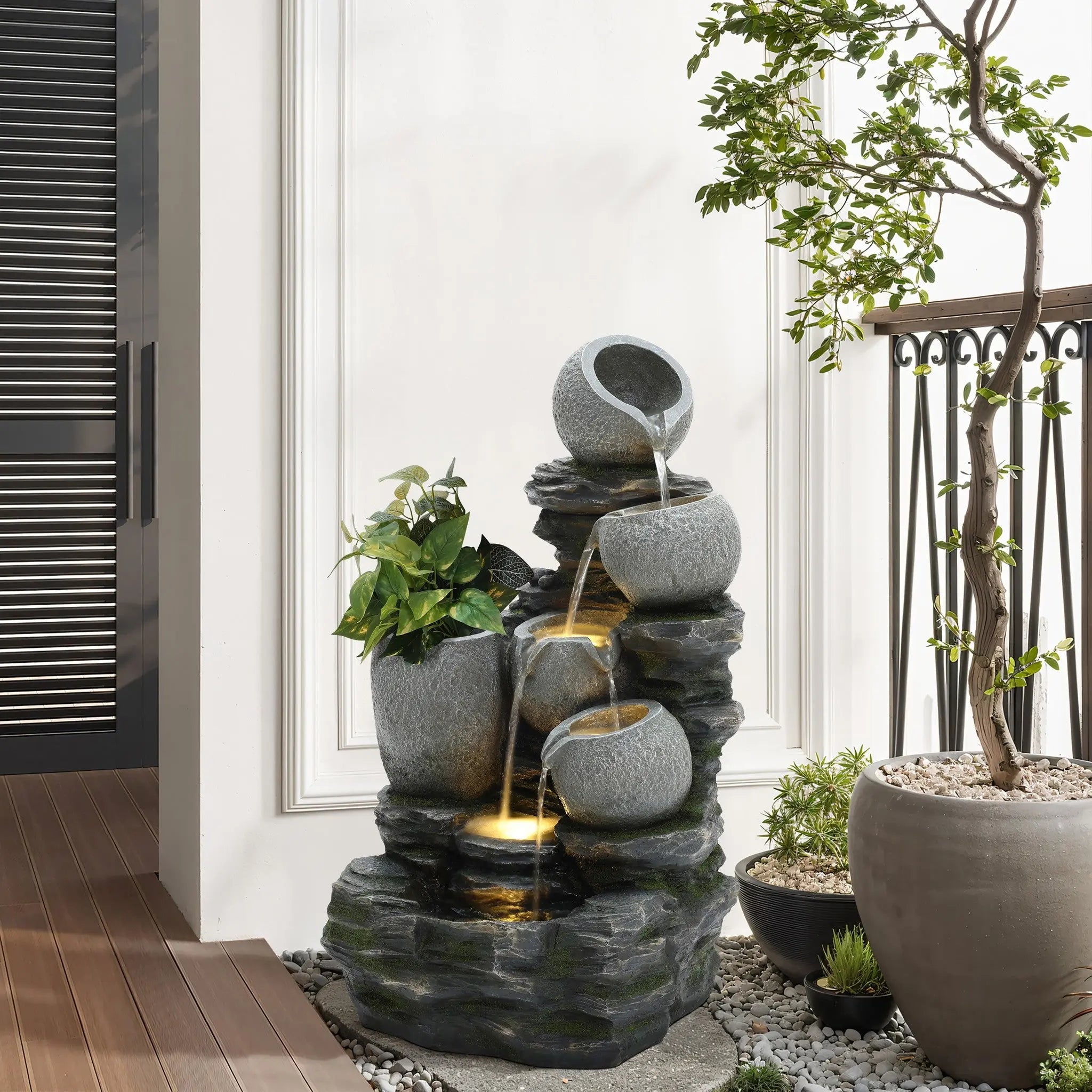 3-Tier Gray Pots on Stacked Rocks Polyresin Outdoor Water Fountain with Lights and Gray Side Planter - LuxenHome