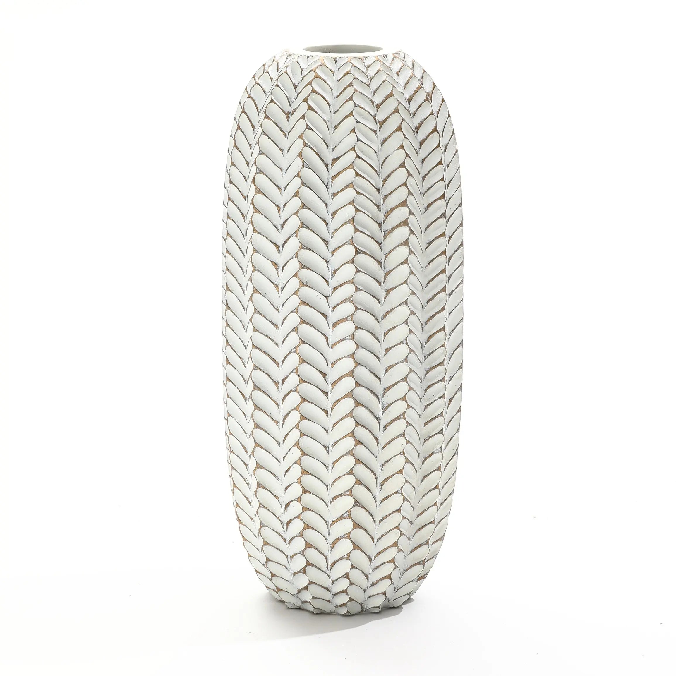 The 17 tall LuxenHome vase features a modern geometric resin pattern in white and light brown, exuding elegance with a hand-painted antique effect against a plain white background.