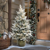 4.5Ft Pre-Lit LED Artificial Flocked Pine Tree with Pine Cones and Pot