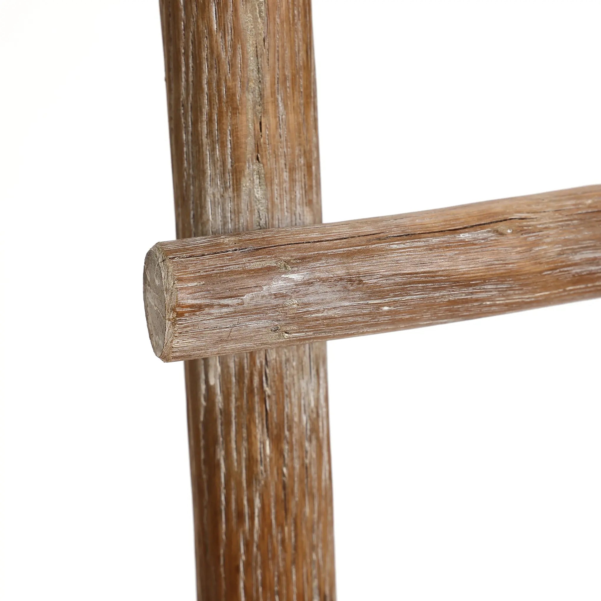 Close-up of a rustic charm wooden ladders side rail and rung, showing textured, weathered wood that exudes modern functionality.