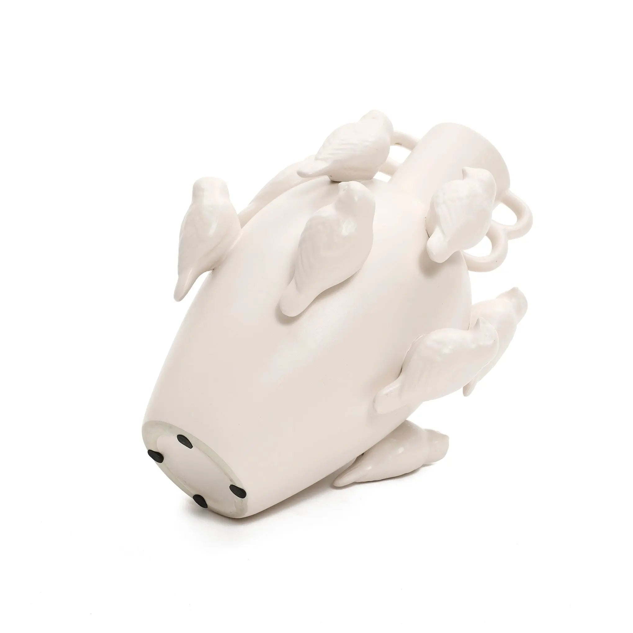 The LuxenHome White ceramic birds vase, 14.4 h, features a sleek elongated design with sculpted bird figures and is perfect for adding modern elegance and artistic ambiance to any room.