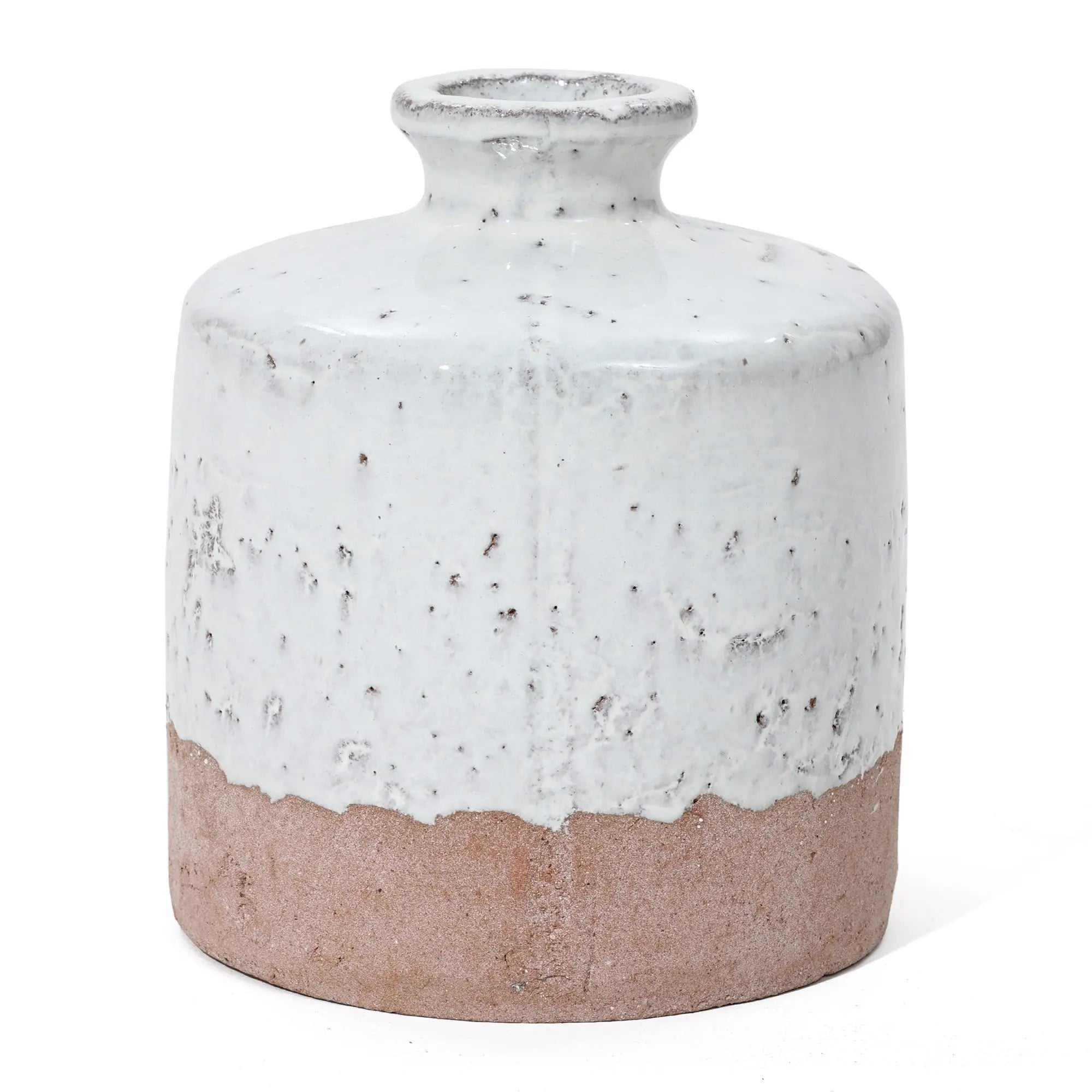 A small stoneware vase with a speckled white top and a rough, unglazed brown base, featuring a narrow neck and flat shoulder.