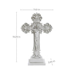 White decorative cross statue with detailed carvings, perfect for religious occasions. Dimensions: 19.29 inches tall, 11.61 inches wide, and 3.04 inches deep, this piece beautifully embodies Christian faith in any setting.