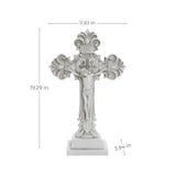 White decorative cross statue with detailed carvings, perfect for religious occasions. Dimensions: 19.29 inches tall, 11.61 inches wide, and 3.04 inches deep, this piece beautifully embodies Christian faith in any setting.