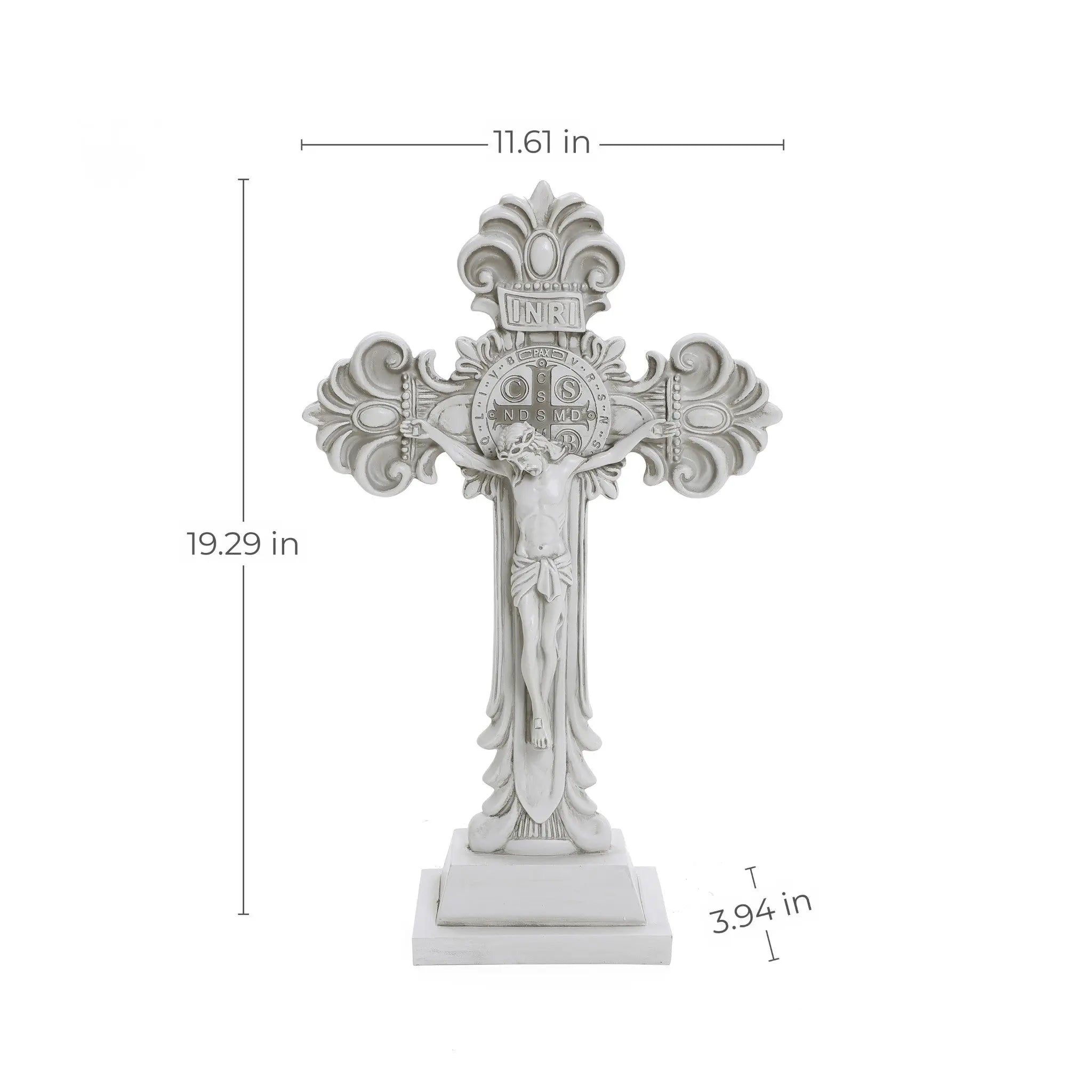 White decorative cross statue with detailed carvings, perfect for religious occasions. Dimensions: 19.29 inches tall, 11.61 inches wide, and 3.04 inches deep, this piece beautifully embodies Christian faith in any setting.