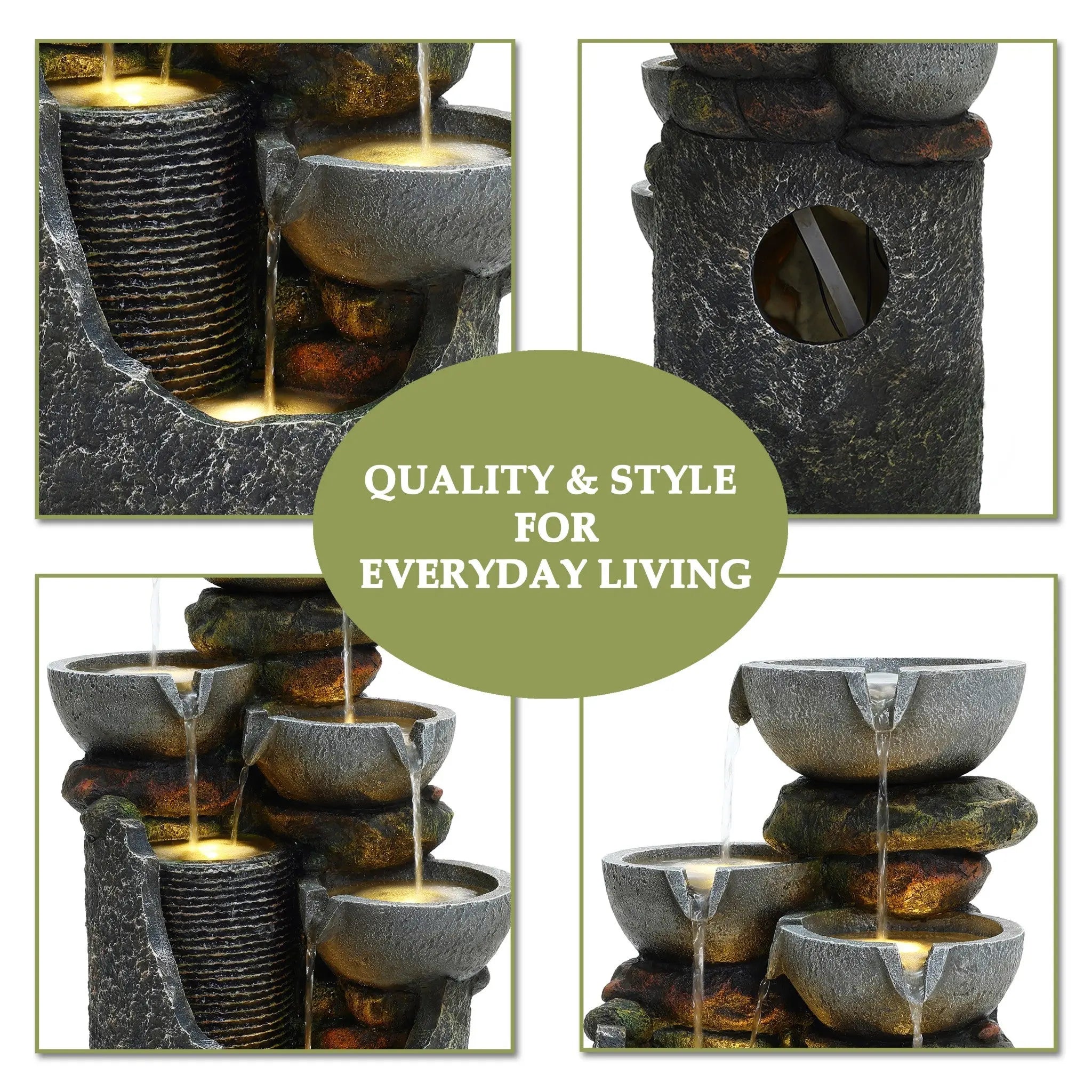 Gray 4-bowl and 5-tier polyresin outdoor water fountain with lights - LuxenHome