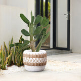 A cactus in a Bohemian style planter with a woven design sits outdoors on a tiled floor beside the modern buildings glass door.